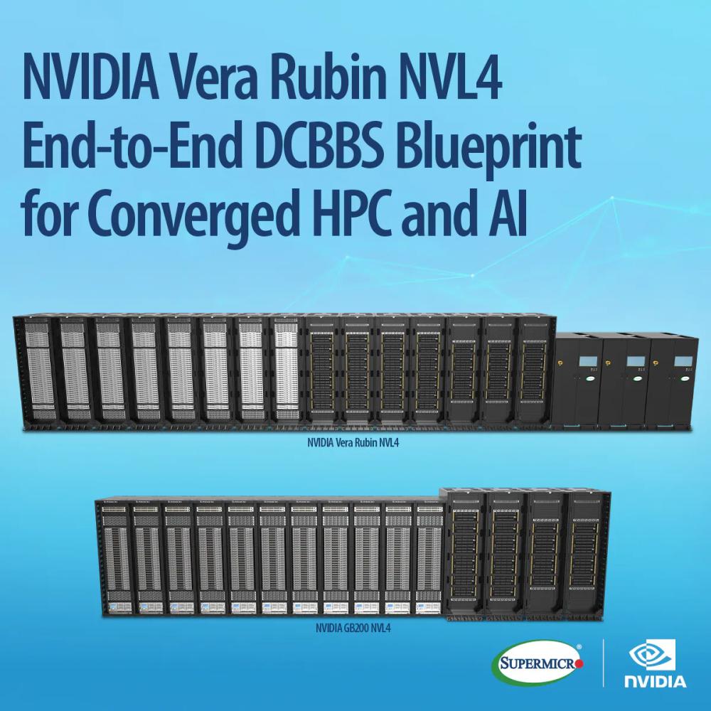 Supermicro NVIDIA Vera Rubin NVL4 DCBBS Blueprint with liquid-cooled compute racks, Quantum-X800 InfiniBand and in-row coolant distribution units