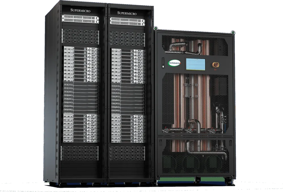 Supermicro L2A Sidecar CDU beside air-cooled server racks for 200 kW liquid-to-air cooling in AI and HPC deployments