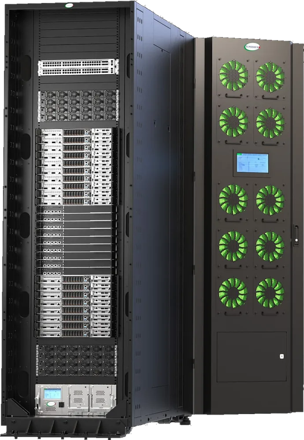 Supermicro rear door heat exchanger mounted on a liquid-cooled server rack
