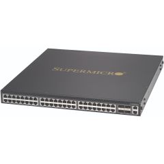 Supermicro SSE-X3348T 10Gb/s and 40Gb/s 1U Ethernet switch with SMIS (Supermicro Inteligent Switch) software, 48 SFP+ ports and 4 QSFP+ ports, 2 power supplies (AC), standard (C2P) airflow